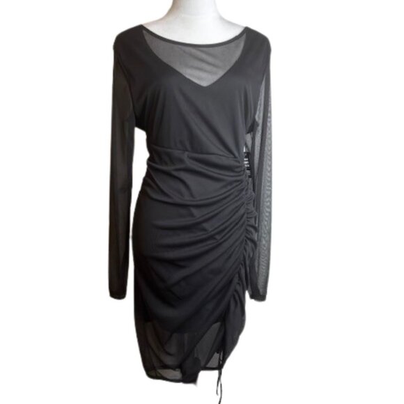Express Ruched Long Sleeve Sheer New Years Eve Dress Size L Black NWT - Picture 3 of 10